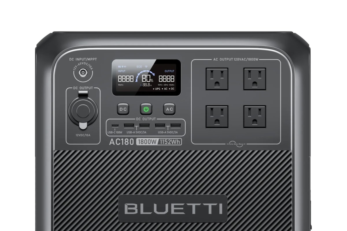 Bluetti AC180 LCD display showing power metrics during testing