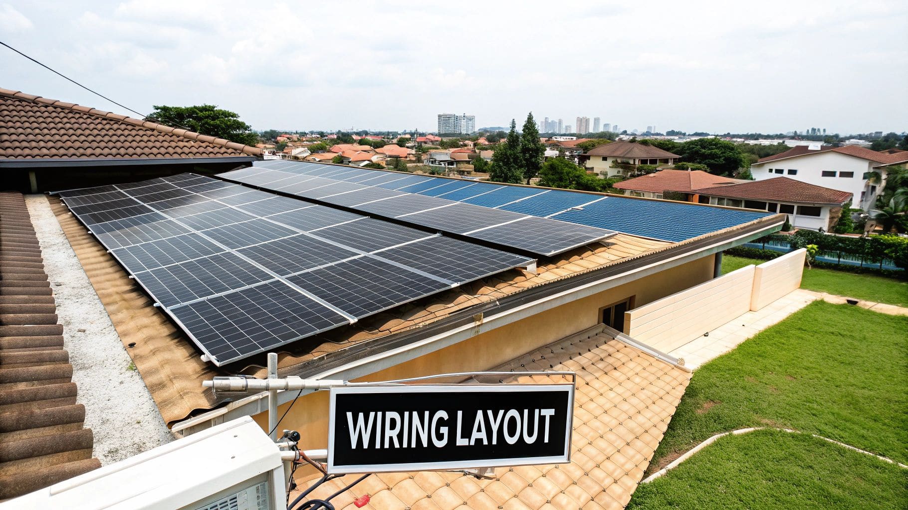 Elevated view of residential rooftop with significant solar panel installation showing wiring layout and terracotta tile roof