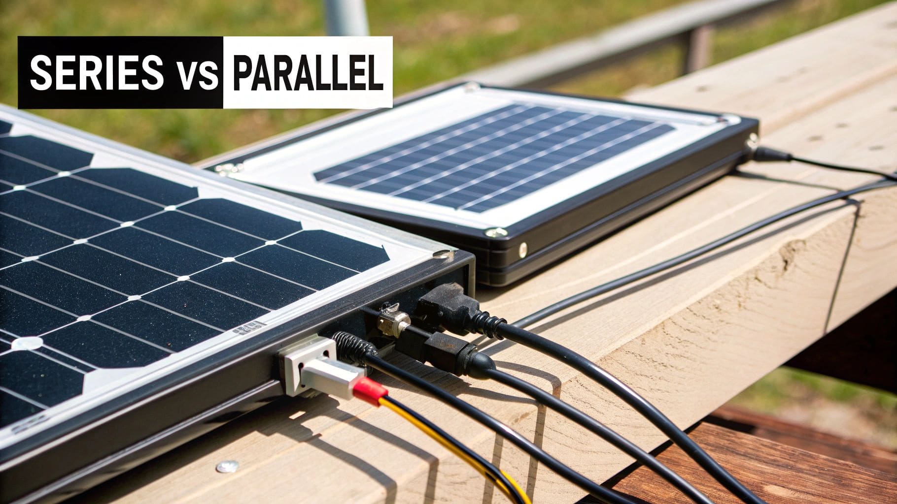 Two compact portable solar panels on wooden surface showing series vs parallel wiring connections with various cable types